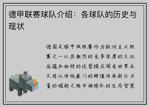 德甲联赛球队介绍：各球队的历史与现状
